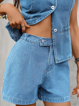 Sleeveless Button-Down Denim Vest & Shorts Set - Trendsi - Flyclothing LLC