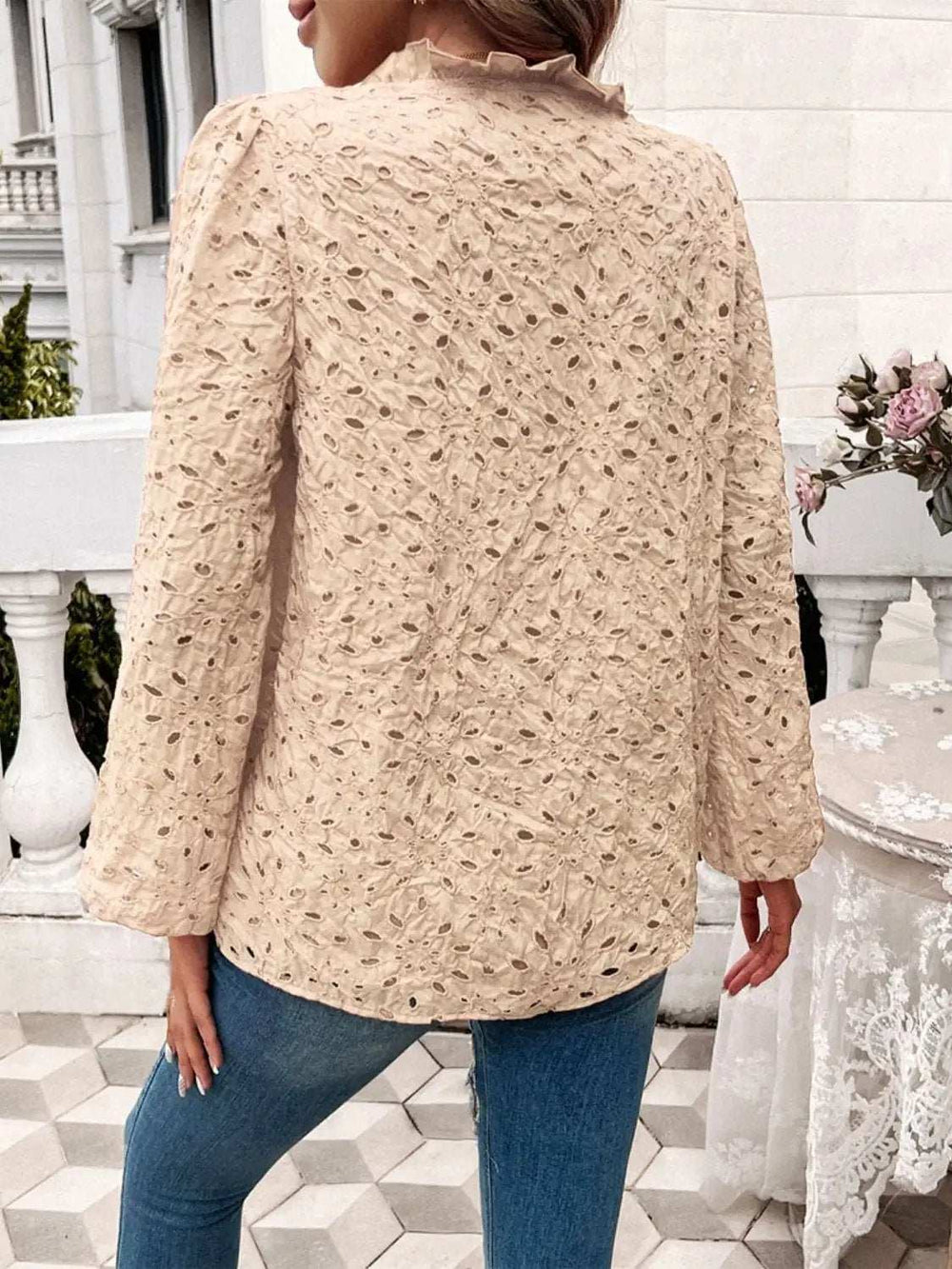 Frill Round Neck Long Sleeve Shirt - Trendsi - Flyclothing LLC