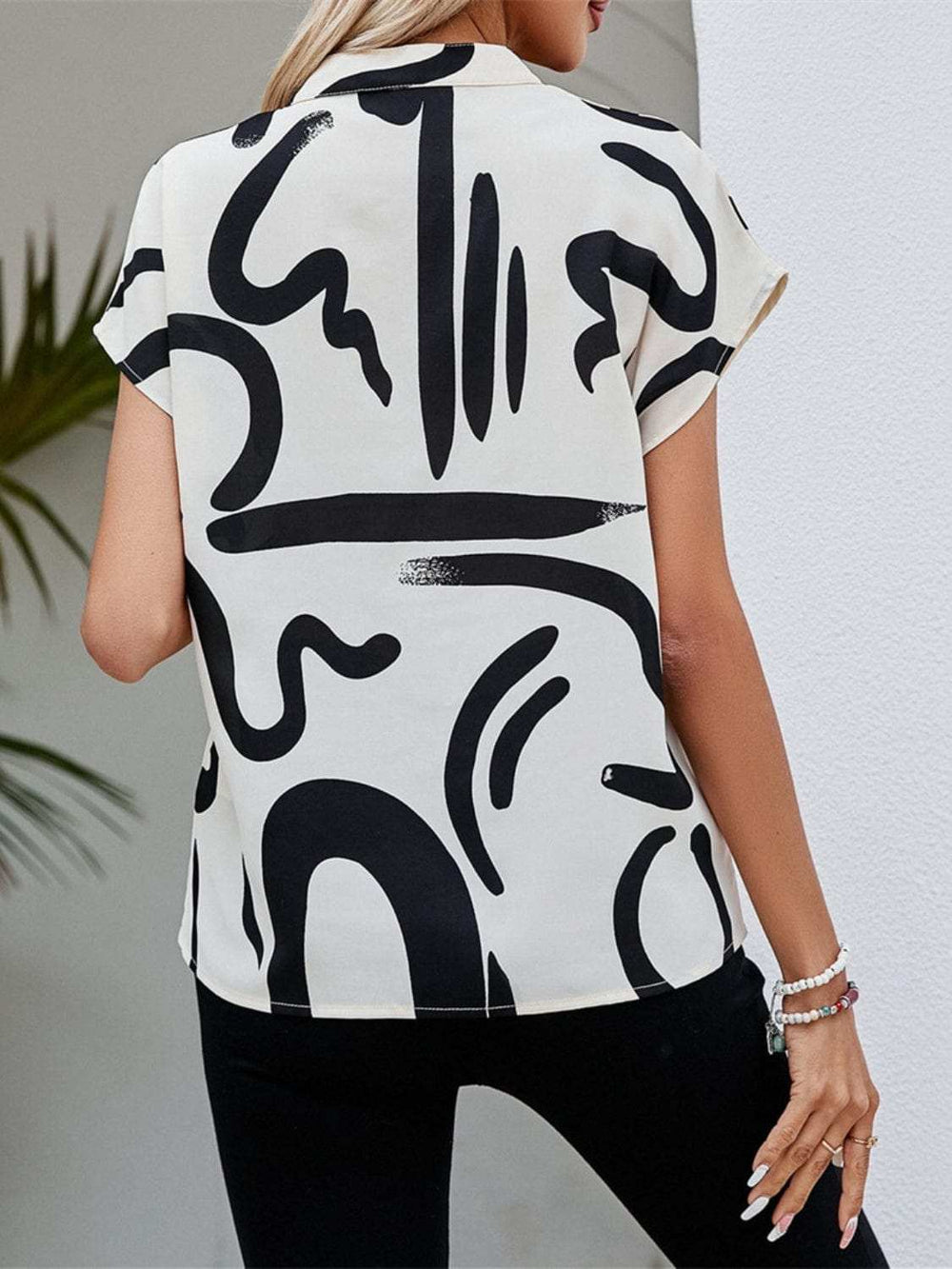 Printed Notched Short Sleeve Blouse - Trendsi - Flyclothing LLC