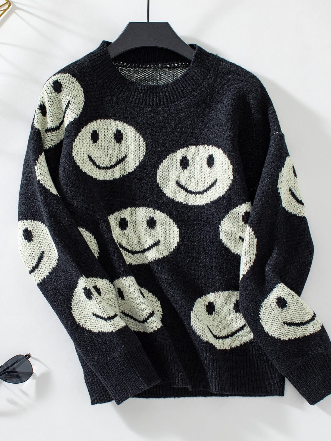 Smile Pattern Round Neck Long Sleeve Sweater - Trendsi