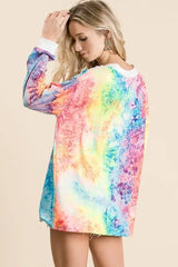 BiBi Tie Dye Deep V-neck Top With Lace Up Front - Trendsi - Flyclothing LLC