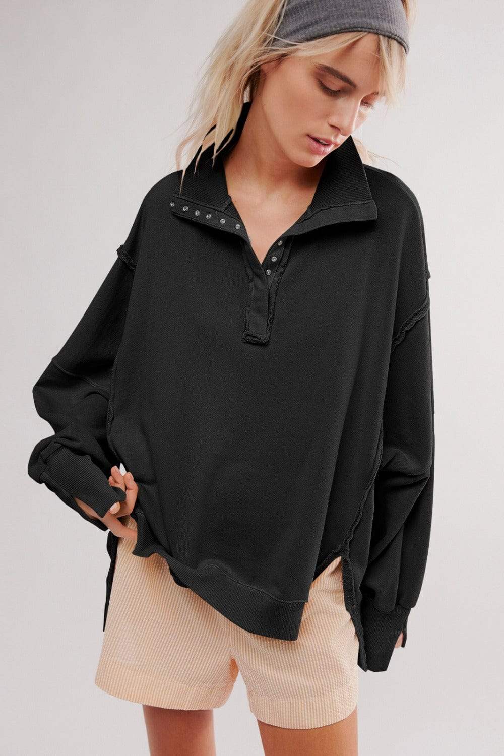 Exposed Seam Side Slit Long Sleeve Sweatshirt - Trendsi - Flyclothing LLC