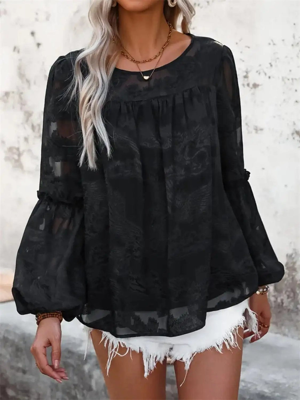 Round Neck Balloon Sleeve Blouse - Trendsi