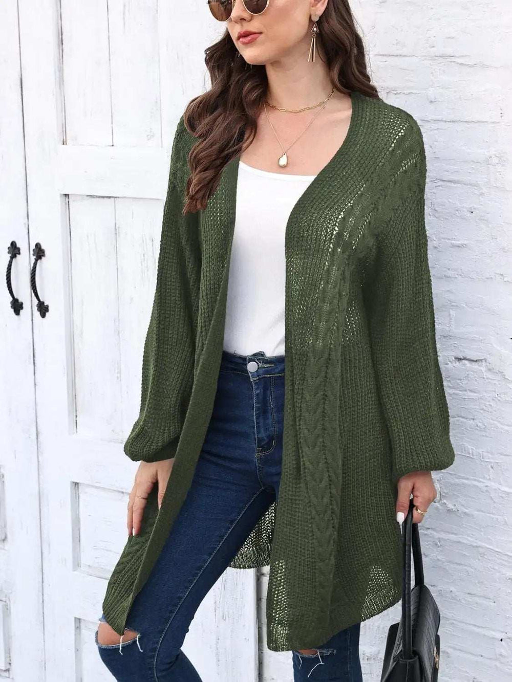 Cable-Knit Open Front Long Sleeve Cardigan - Trendsi - Flyclothing LLC