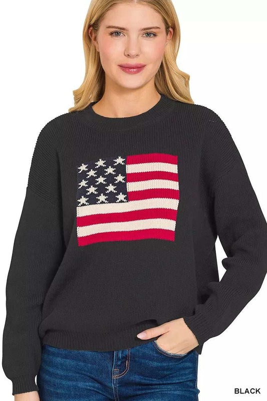 Zenana American Flag Crew Neck Sweater - Trendsi - Flyclothing LLC