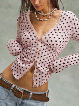Polka Dot Button Down Textured Long Sleeve Blouse - Trendsi - Flyclothing LLC