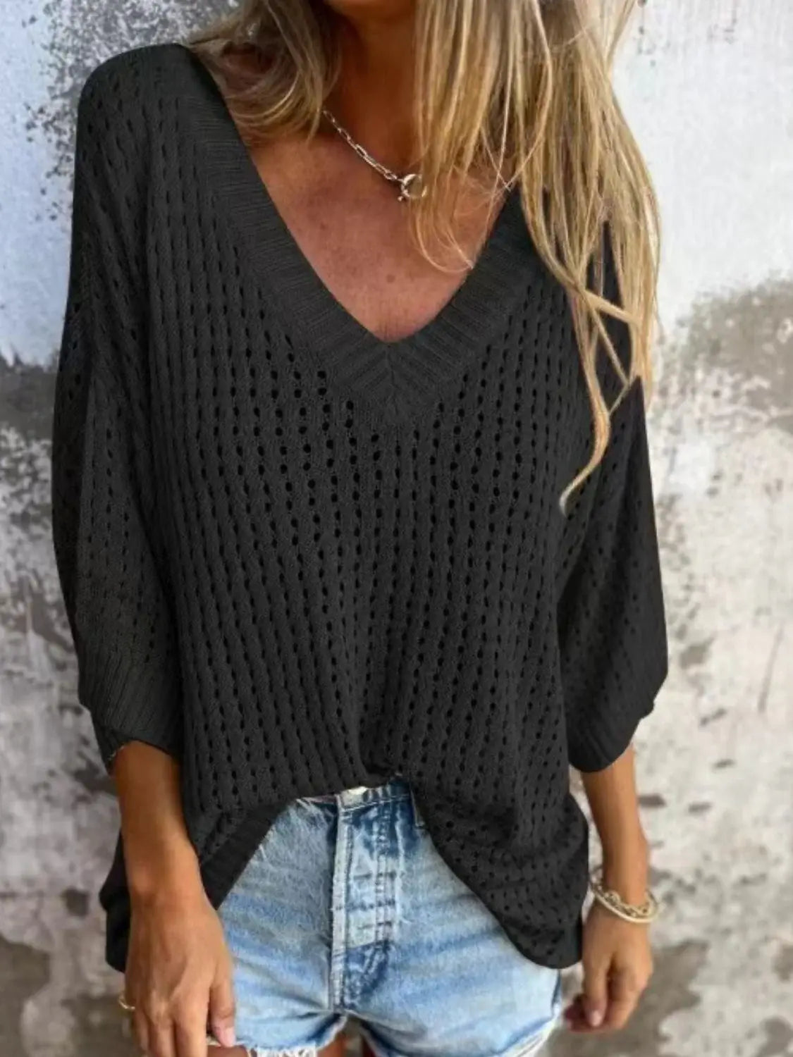 Full Size Openwork V-Neck Knit Cover Up Plus Size - Trendsi - Flyclothing LLC