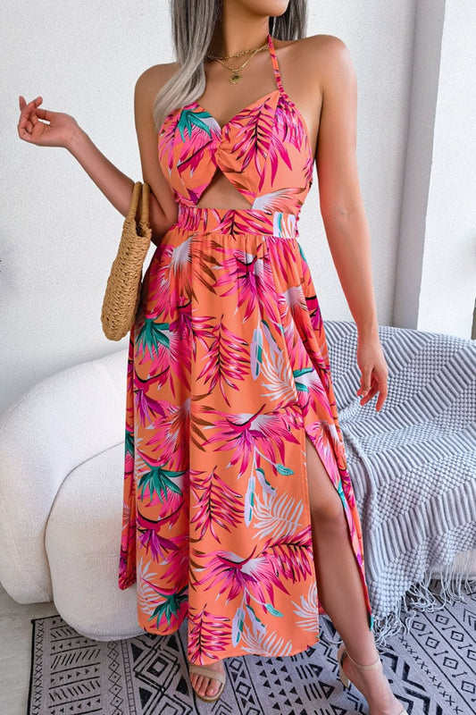Botanical Print Tied Backless Cutout Slit Dress - Trendsi