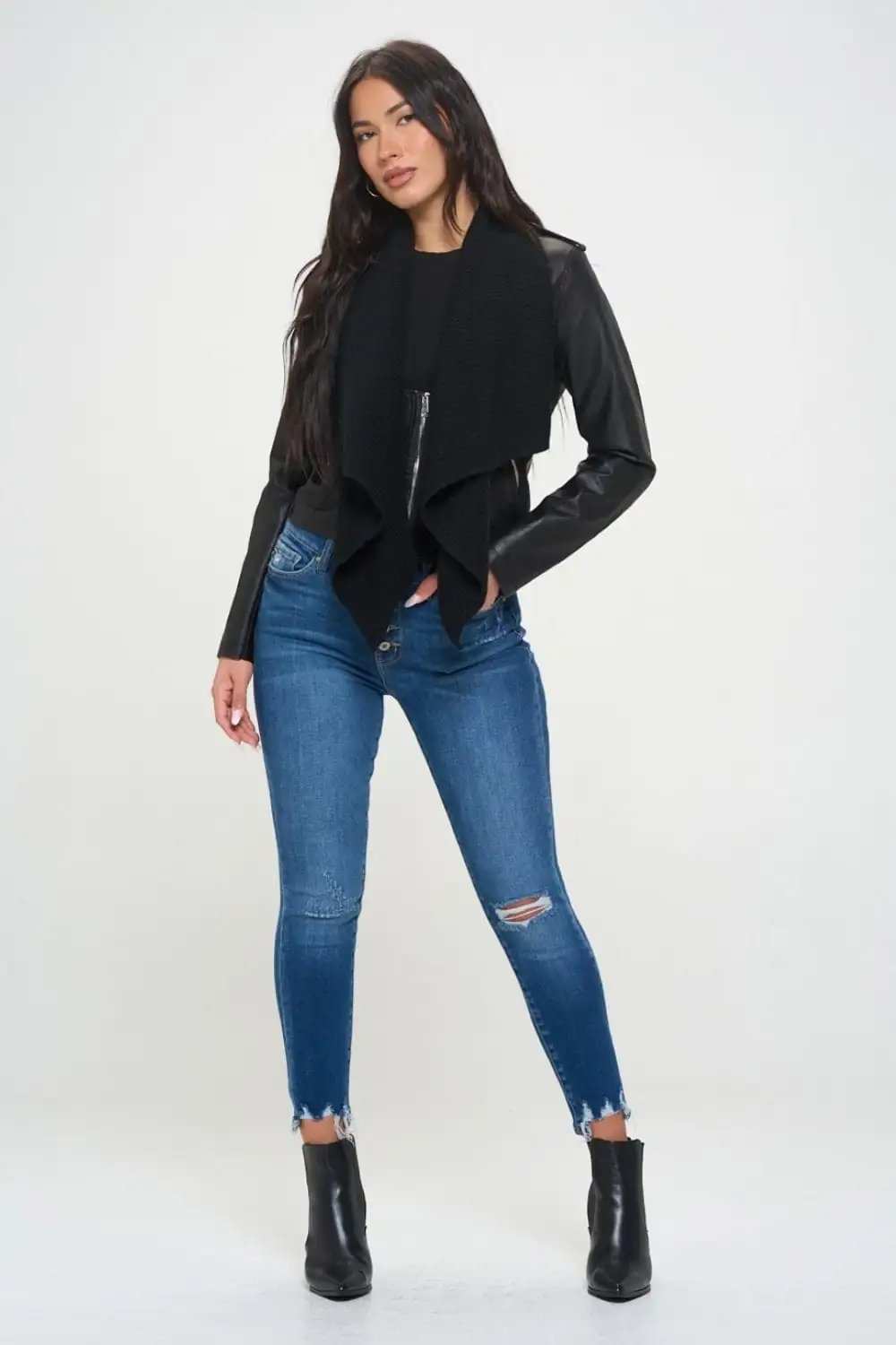Coalition LA Knit Collared Faux Leather Crop Jacket - Trendsi - Flyclothing LLC