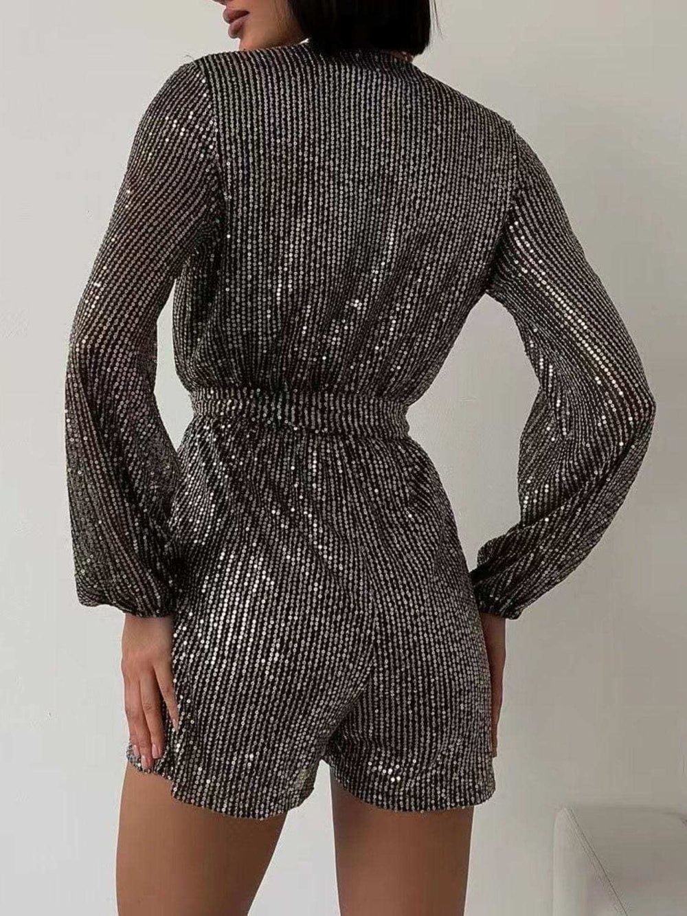 Full Size Sequin Surplice Tie Waist Long Sleeve Romper - Trendsi - Flyclothing LLC