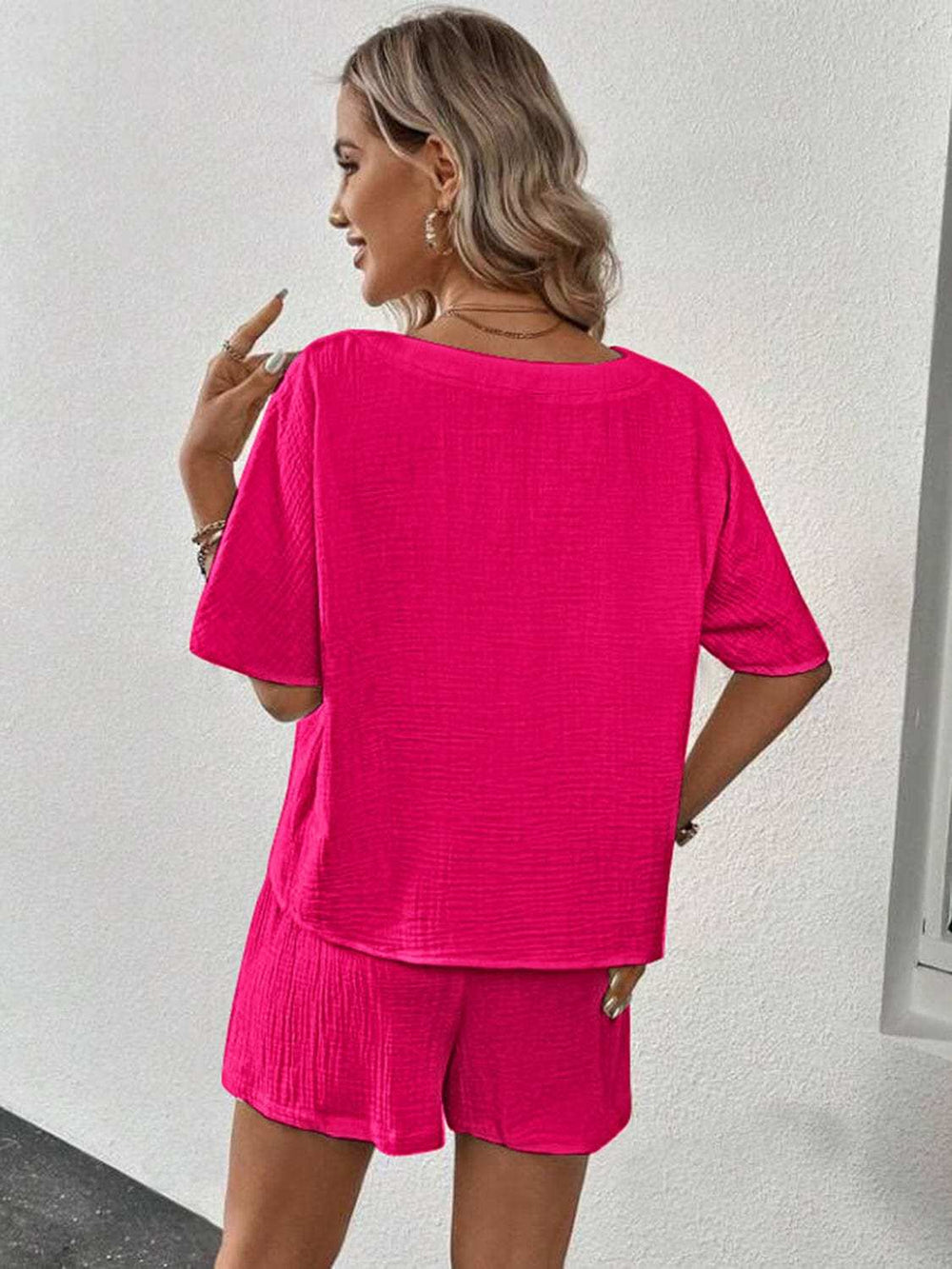 V-Neck Half Sleeve Top and Shorts Set - Trendsi - Flyclothing LLC