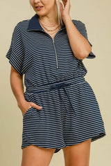Umgee Full Size Half Zip Striped Romper Plus Size - Trendsi - Flyclothing LLC