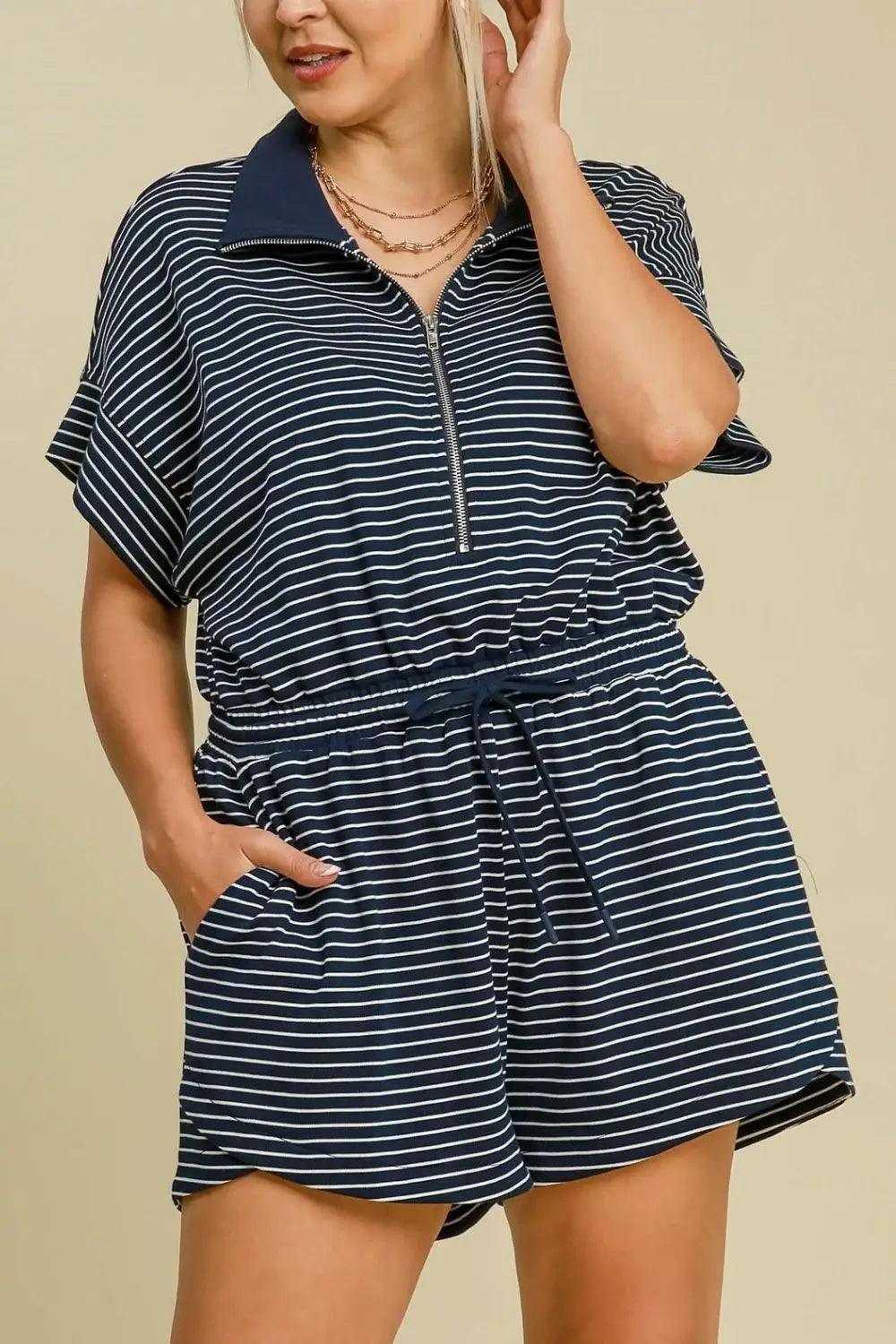 Umgee Full Size Half Zip Striped Romper Plus Size - Trendsi - Flyclothing LLC