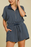 Umgee Full Size Half Zip Striped Romper Plus Size - Trendsi