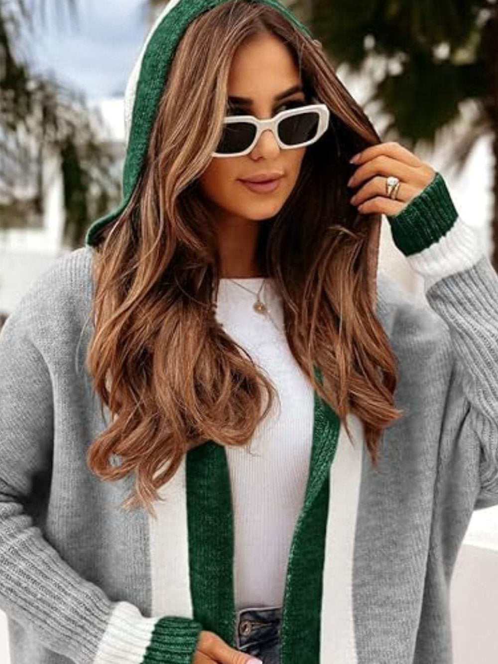 Pocketed Contrast Long Sleeve Hooded Cardigan - Trendsi - Flyclothing LLC