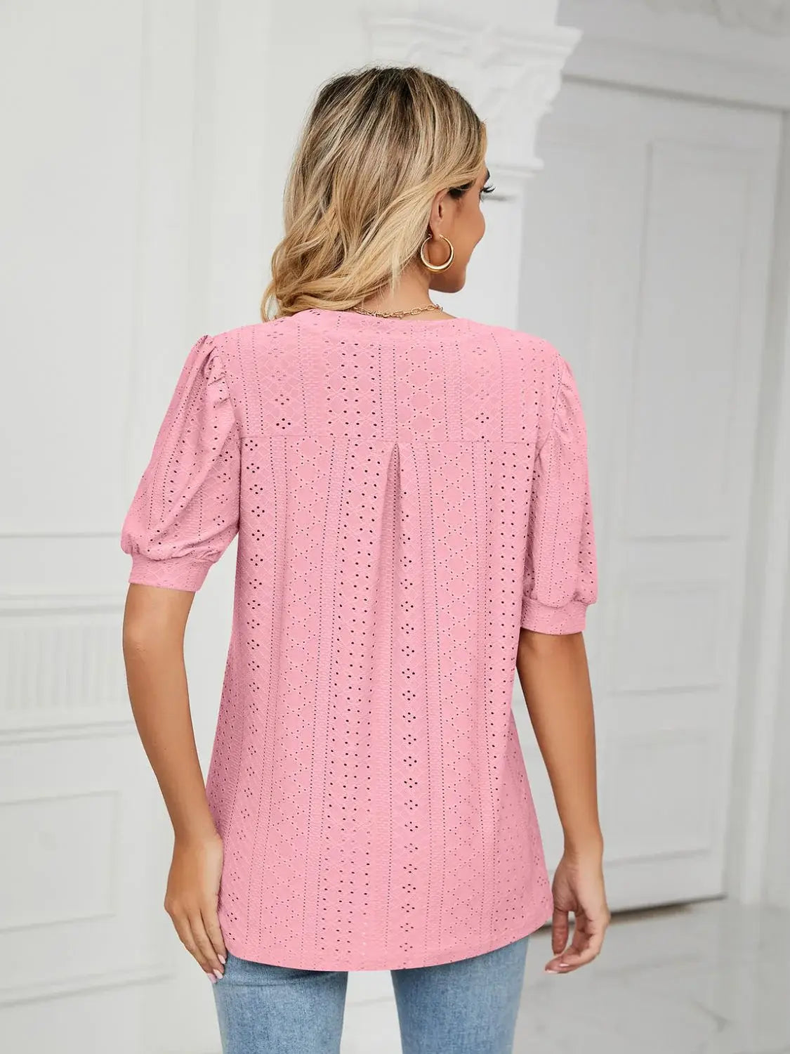 Florira Eyelet Notched Short Sleeve T-Shirt - Trendsi - Flyclothing LLC