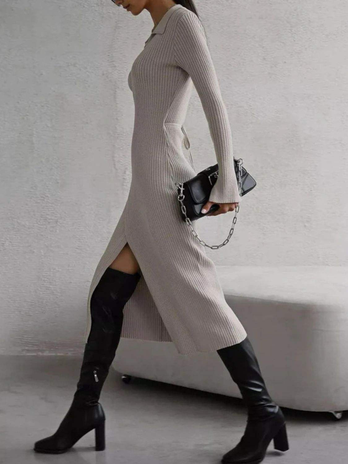 Tied Collared Neck Long Sleeve Sweater Dress - Trendsi - Flyclothing LLC