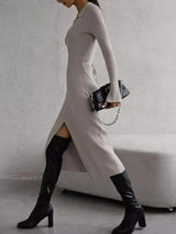 Tied Collared Neck Long Sleeve Sweater Dress - Trendsi - Flyclothing LLC