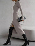 Tied Collared Neck Long Sleeve Sweater Dress - Trendsi