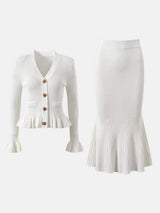 Ruffled V-Neck Top and Midi Skirt Sweater Set - Trendsi - Flyclothing LLC