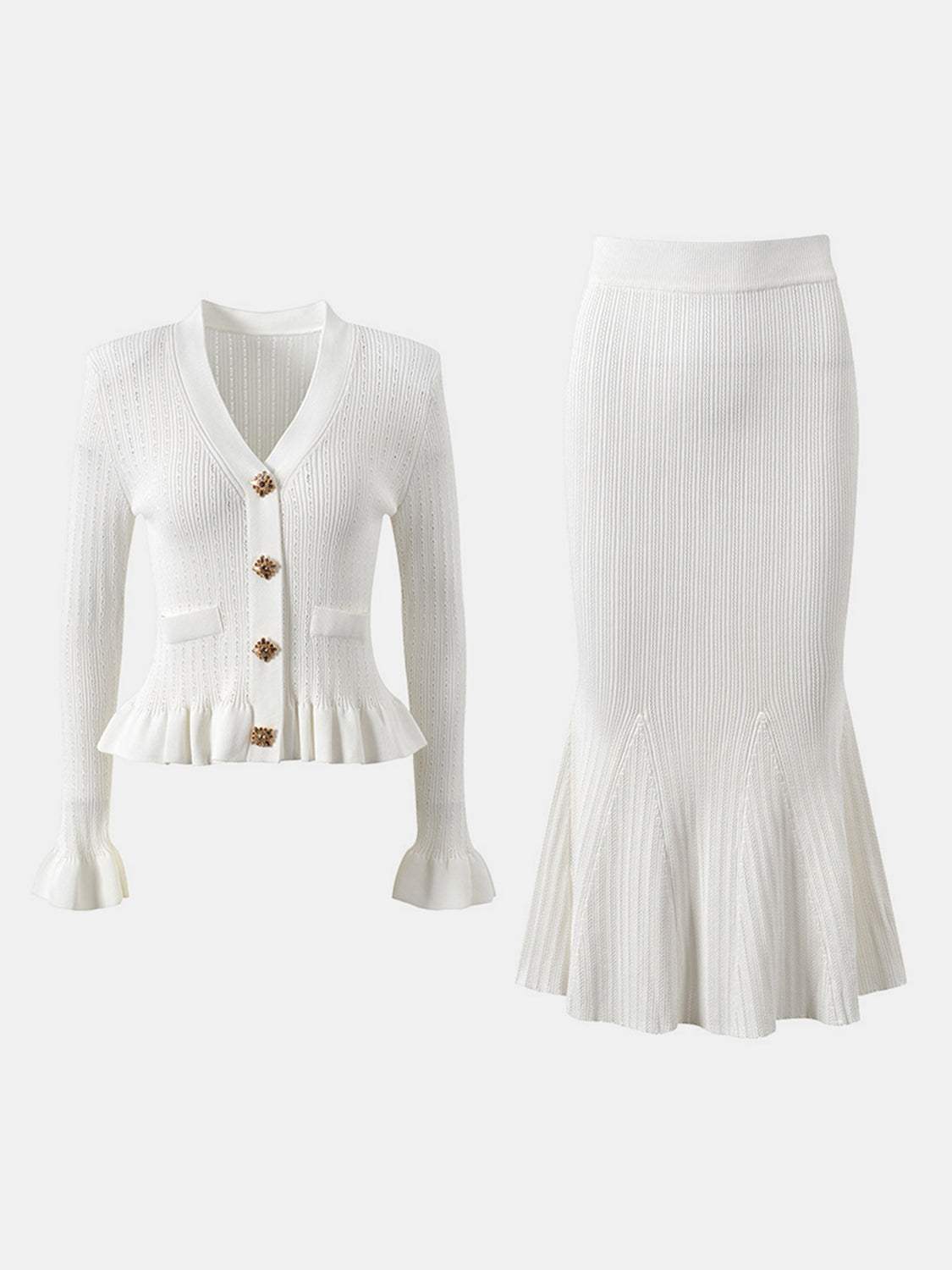 Ruffled V-Neck Top and Midi Skirt Sweater Set - Trendsi - Flyclothing LLC