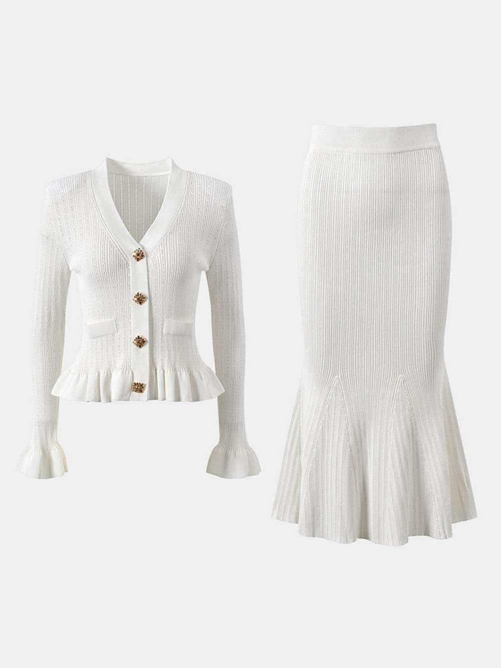 Ruffled V-Neck Top and Midi Skirt Sweater Set - Trendsi - Flyclothing LLC