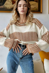 Striped Knit Long Sleeve Sweater - Trendsi - Flyclothing LLC
