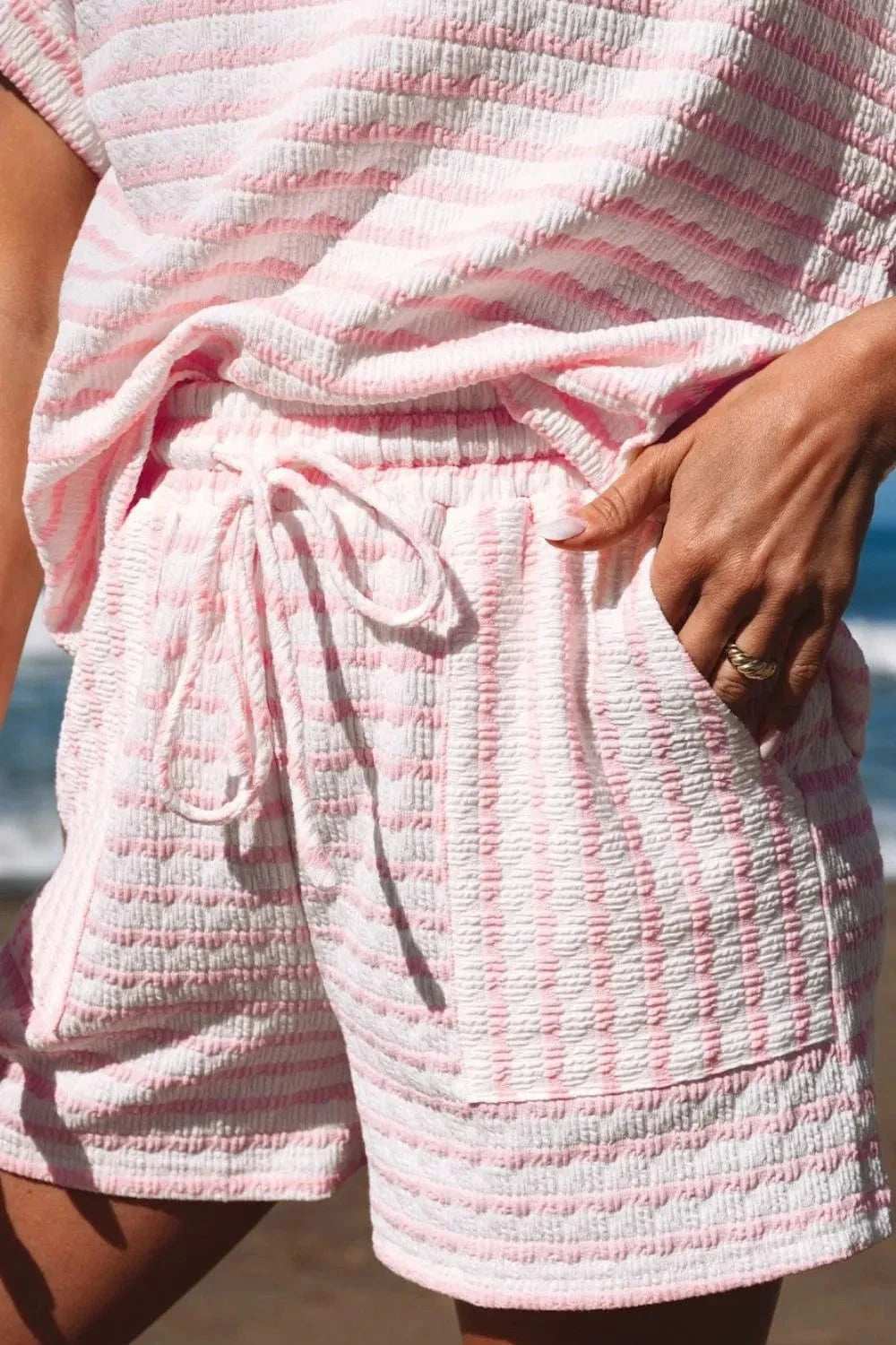 Stripe Knitted Short Sleeve Top and Drawstring Shorts Set - Trendsi - Flyclothing LLC