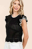 Mittoshop Openwork Contrast Trim Ruffled Cap Sleeve Knit Top - Trendsi - Flyclothing LLC