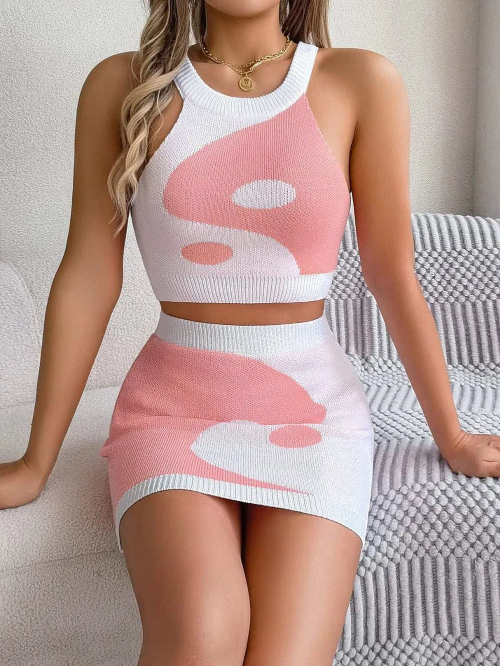 Round Neck Sleeveless Top and Skirt Knit Set - Trendsi - Flyclothing LLC