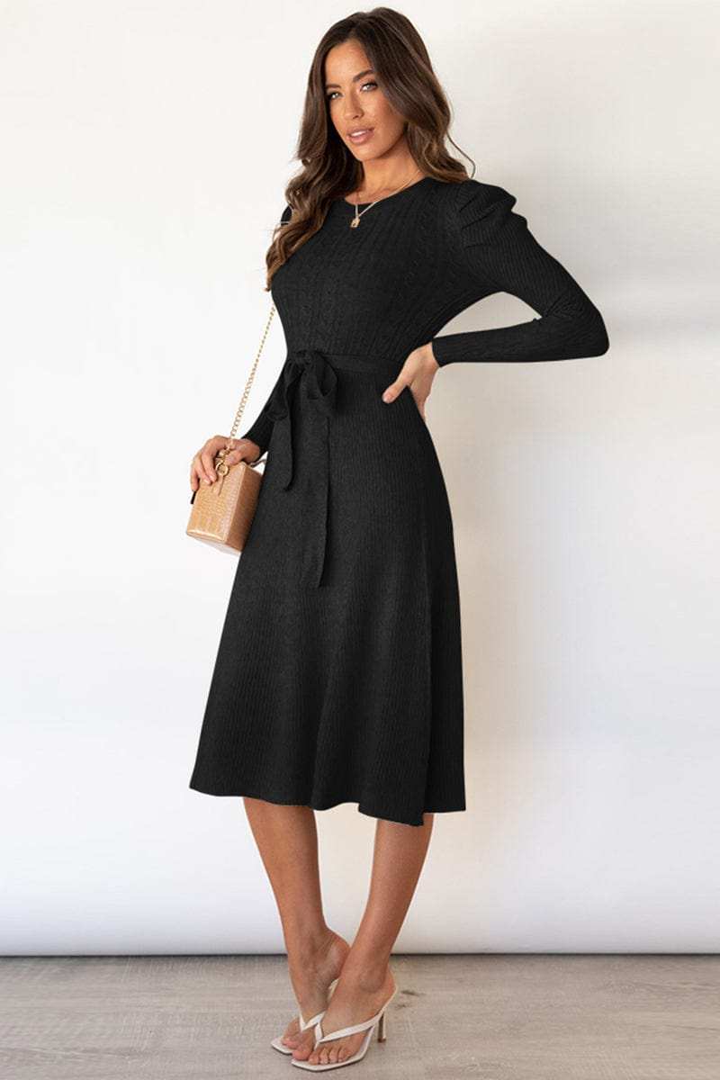 Round Neck Long Sleeve Tie Waist Sweater Dress - Trendsi - Flyclothing LLC