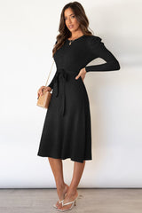 Round Neck Long Sleeve Tie Waist Sweater Dress - Trendsi