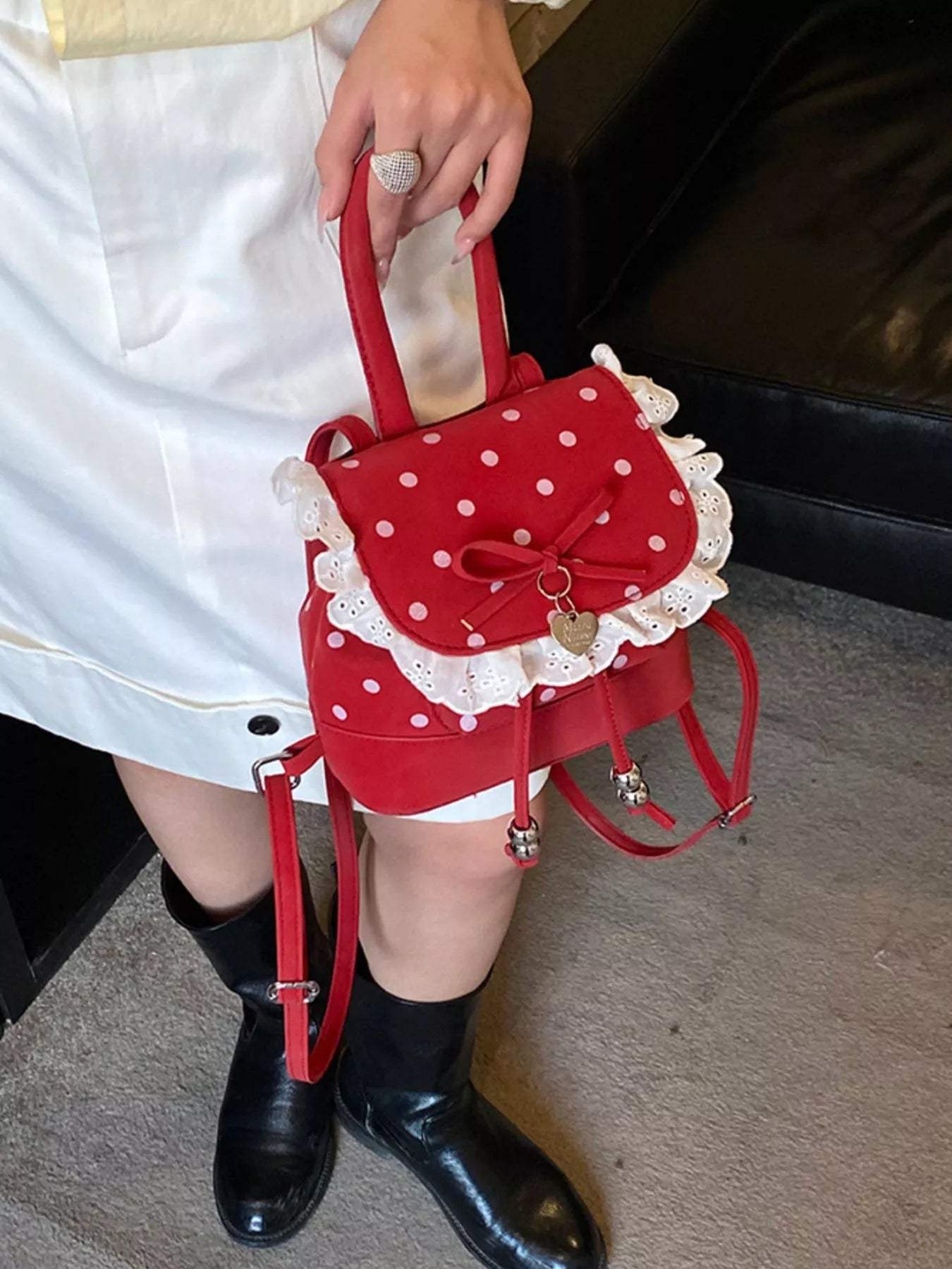Polka Dot Lace Trim Backpack Bag - Trendsi - Flyclothing LLC