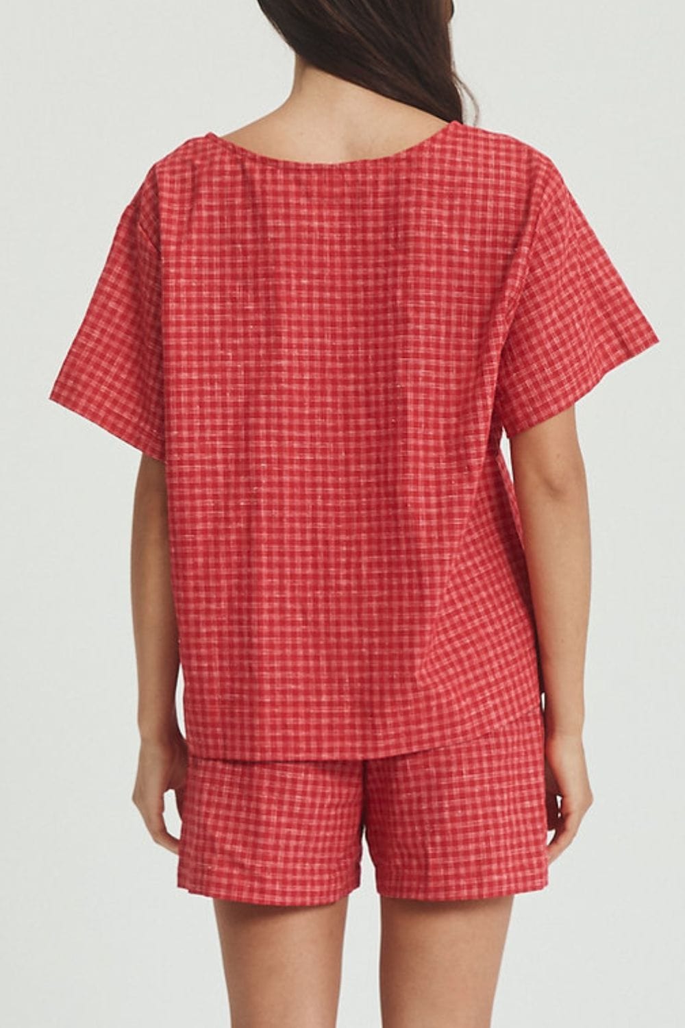 Plaid Tied Scoop Neck Short Sleeve Top and Drawstring Shorts Set - Trendsi