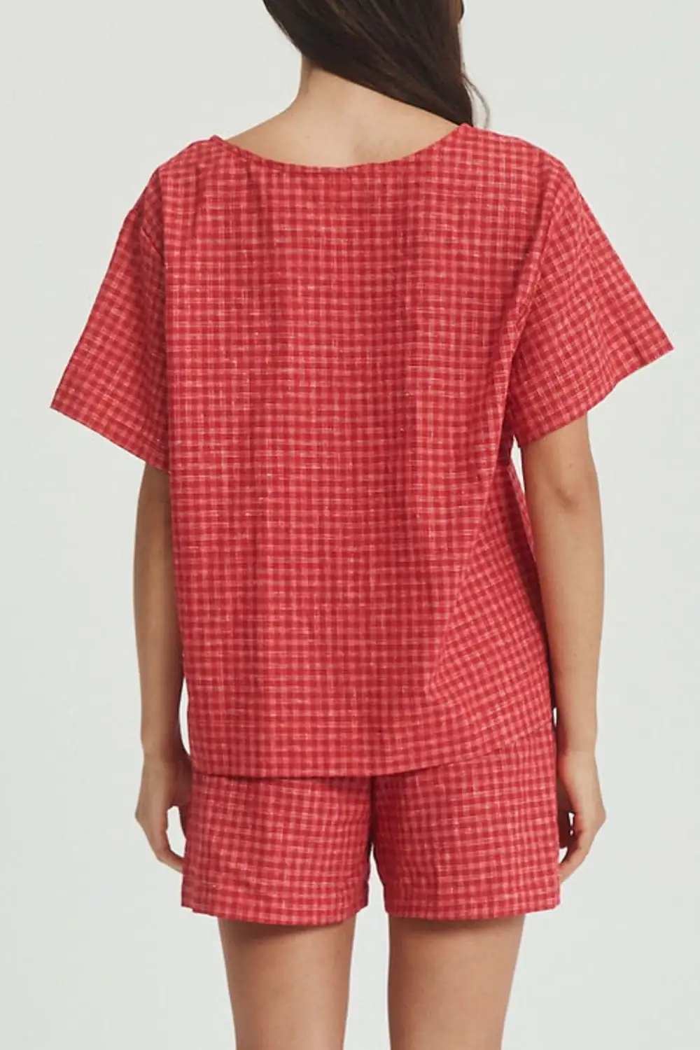 Plaid Tied Scoop Neck Short Sleeve Top and Drawstring Shorts Set - Trendsi - Flyclothing LLC