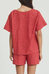 Plaid Tied Scoop Neck Short Sleeve Top and Drawstring Shorts Set - Trendsi