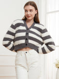 Button Down V-Neck Striped Cardigan - Trendsi