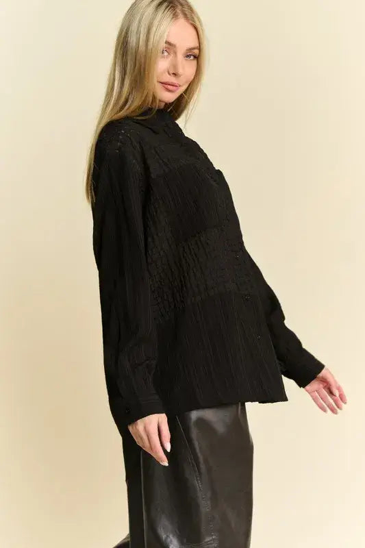 Davi & Dani Crinkled Jacquard Button Down Shirt - Trendsi - Flyclothing LLC