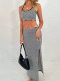 Perfee Striped Halter Neck Top and Slit Skirt Set - Trendsi - Flyclothing LLC
