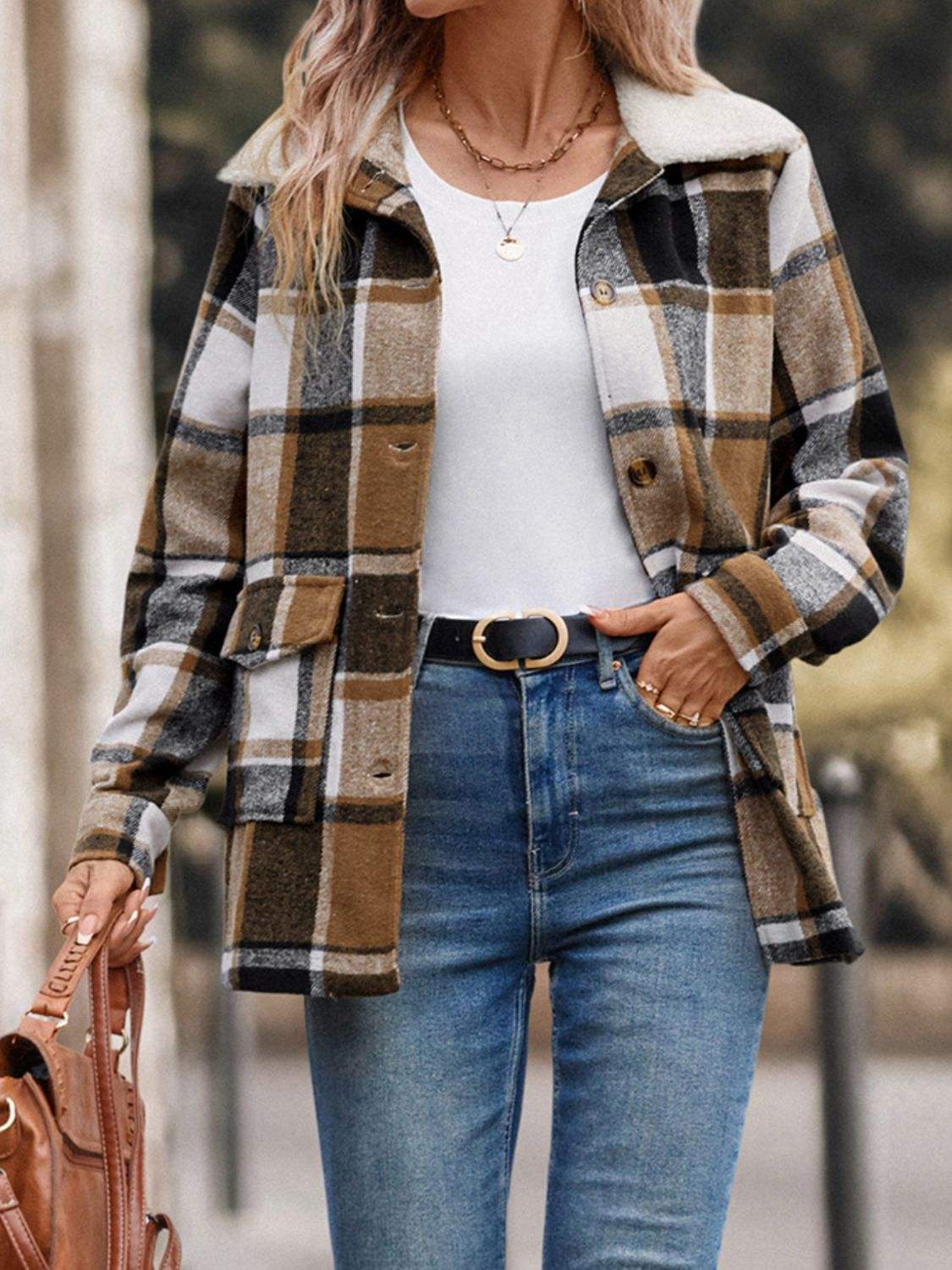 Perfee Pocketed Plaid Button Up Collared Neck Jacket - Trendsi - Flyclothing LLC