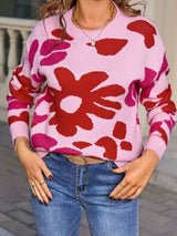 Floral Crew Neck Long Sleeve Sweater - Trendsi - Flyclothing LLC