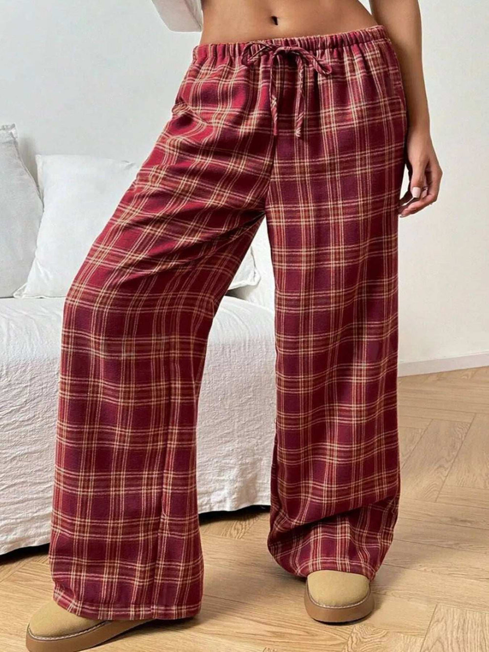 Plaid Drawstring Wide Leg Pants - Trendsi - Flyclothing LLC