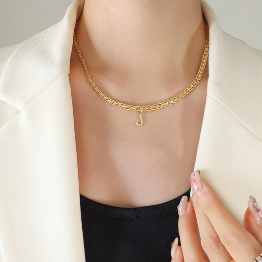 Brass Inlaid Zircon Letter Pendant Necklace - Trendsi