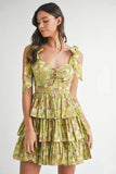 MABLE Floral Print Shoulder Tie Layered Mini Dress - Trendsi