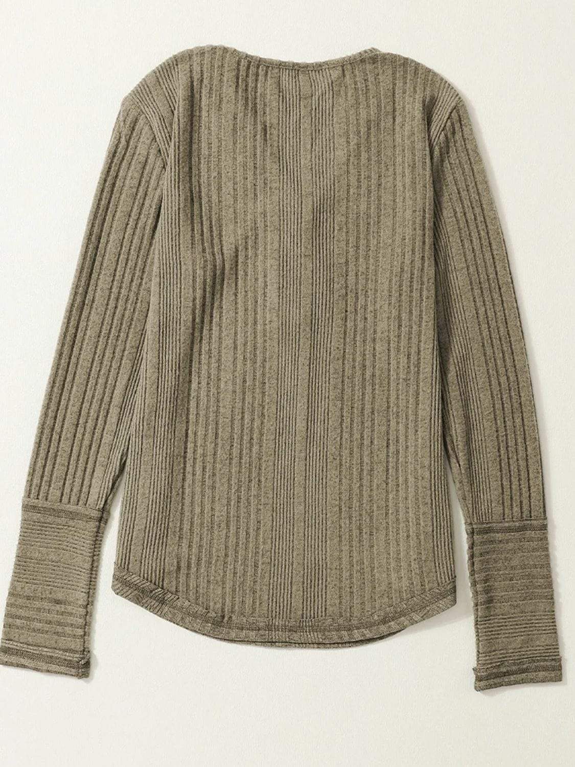 Textured V-Neck Long Sleeve T-Shirt - Trendsi - Flyclothing LLC