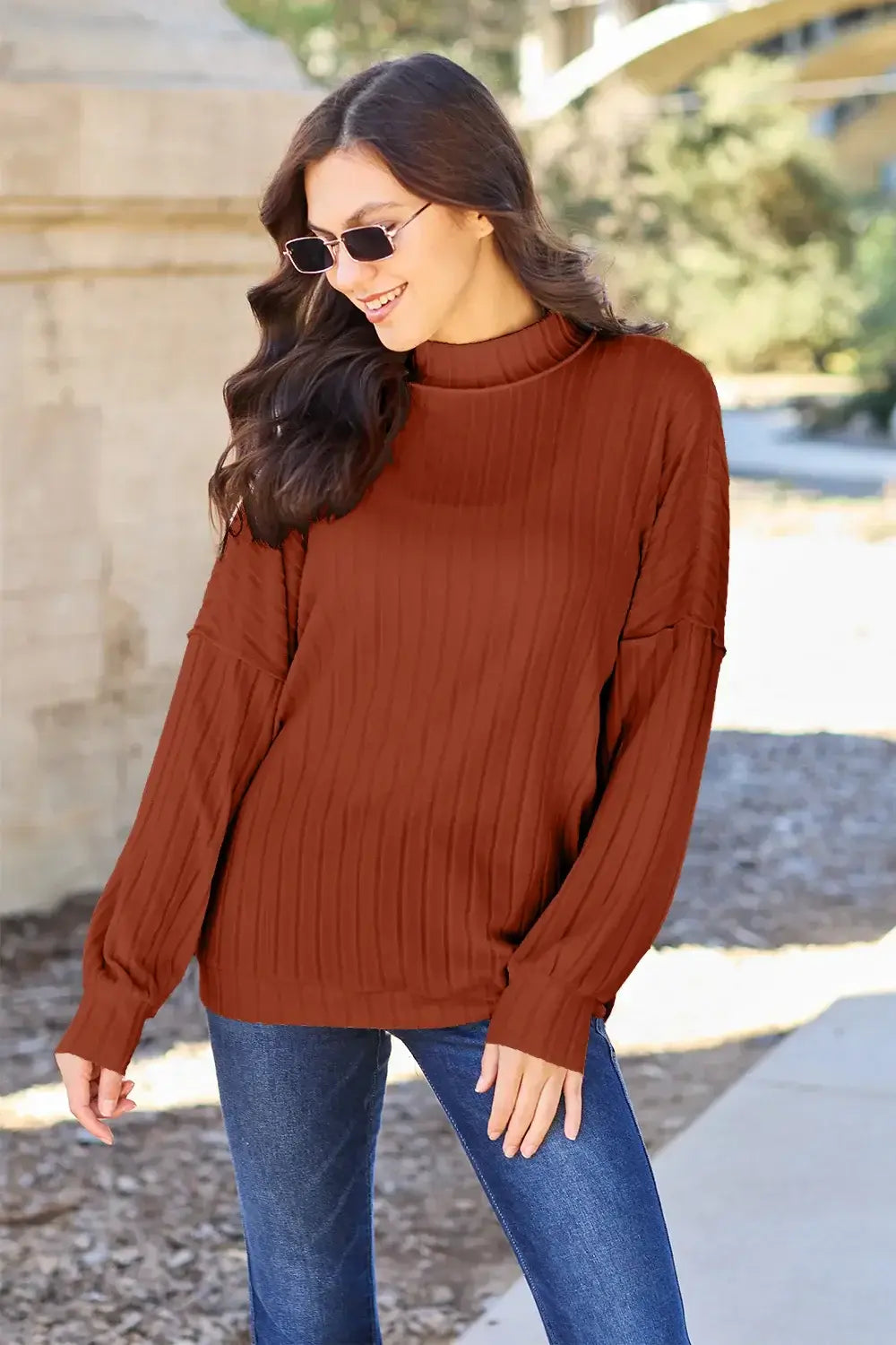 Basic Bae Full Size Ribbed Exposed Seam Mock Neck Knit Top - ShopBasicbae - Flyclothing LLC