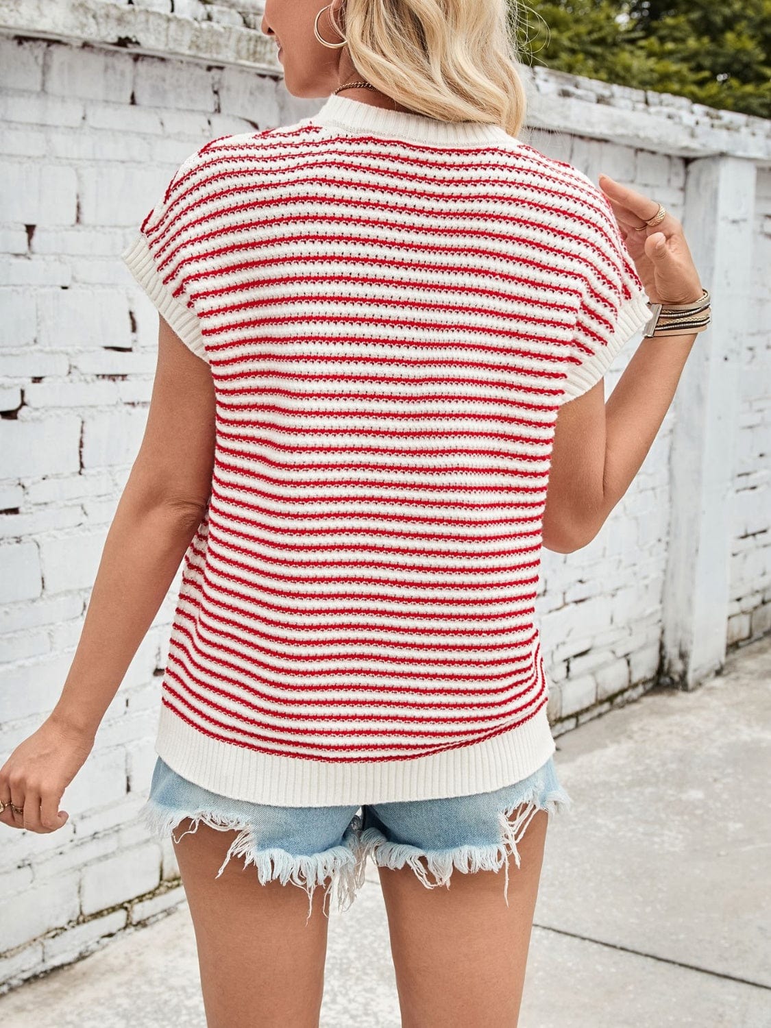 Lovelet Striped Round Neck Cap Sleeve Sweater - Trendsi