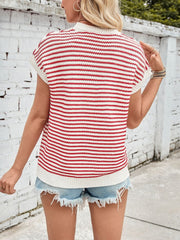 Lovelet Striped Round Neck Cap Sleeve Sweater - Trendsi