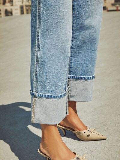 High Waisted Straight Leg Rolled Jeans - Trendsi - Flyclothing LLC