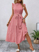 Tied Ruffled Cap Sleeve Midi Dress - Trendsi - Flyclothing LLC